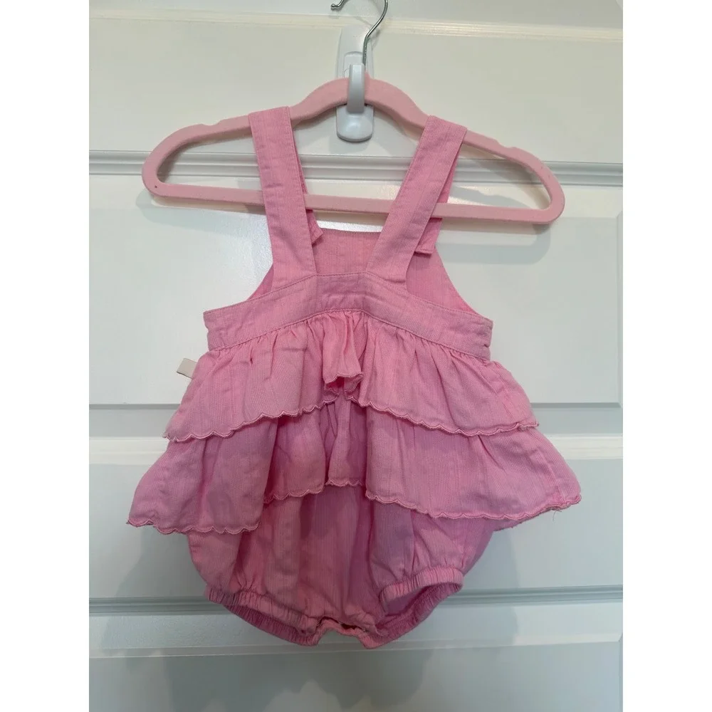 OshKosh Baby Pink Seersucker Ruffle Bubble Romper Sunsuit Size 3/6M Vintage